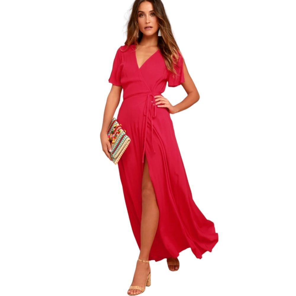Lulus Much Obliged Red Wrap Maxi Dress Size Small